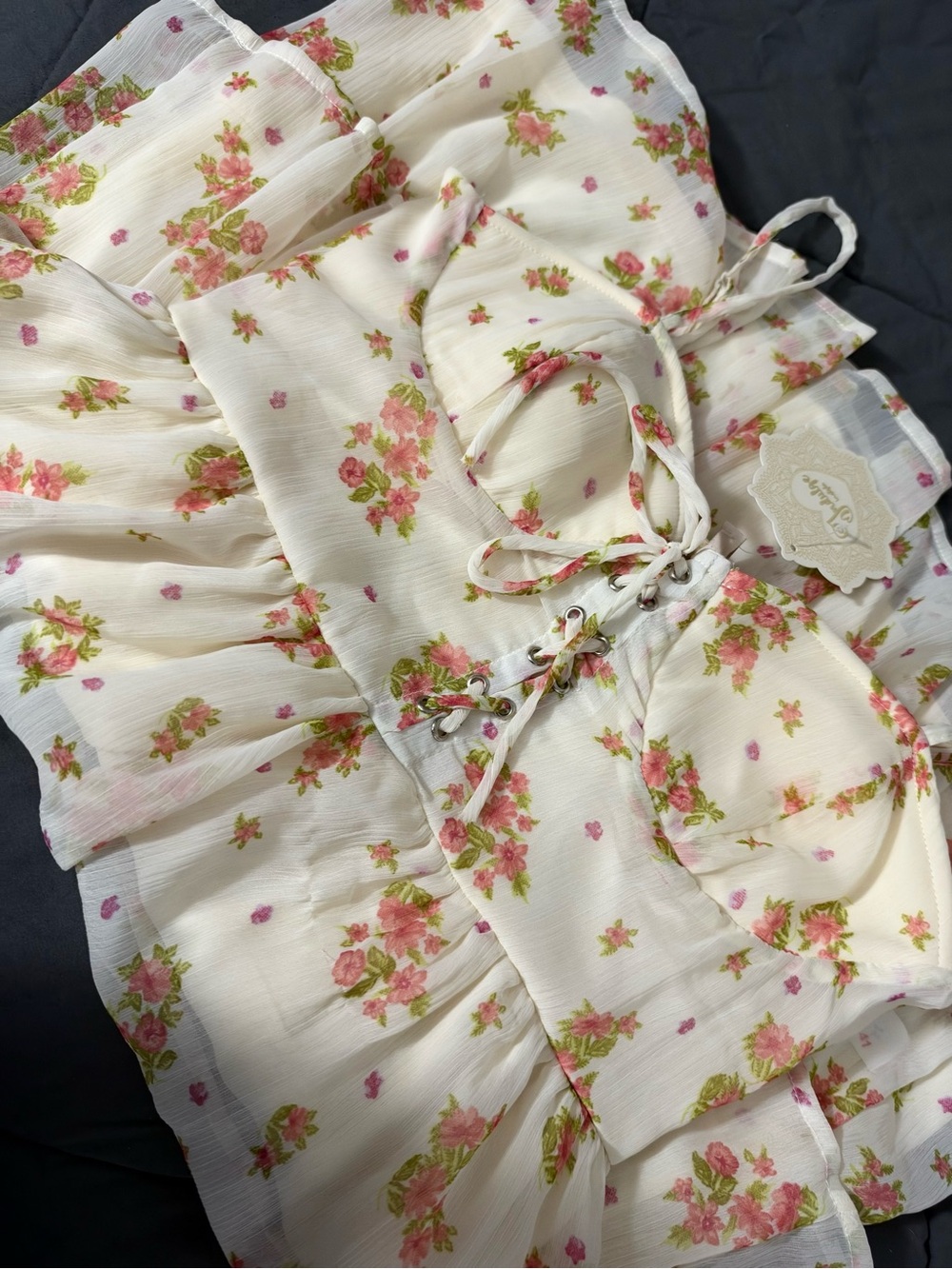 indulge Cream Floral Tiered Mini Dress with Pink Roses